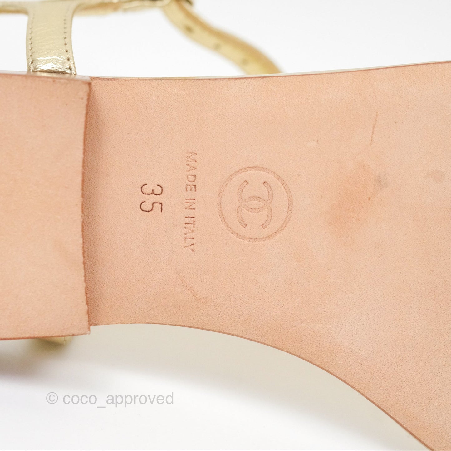 Chanel CC  Gold Metallic Leather Stone Thong Sandals Size 35