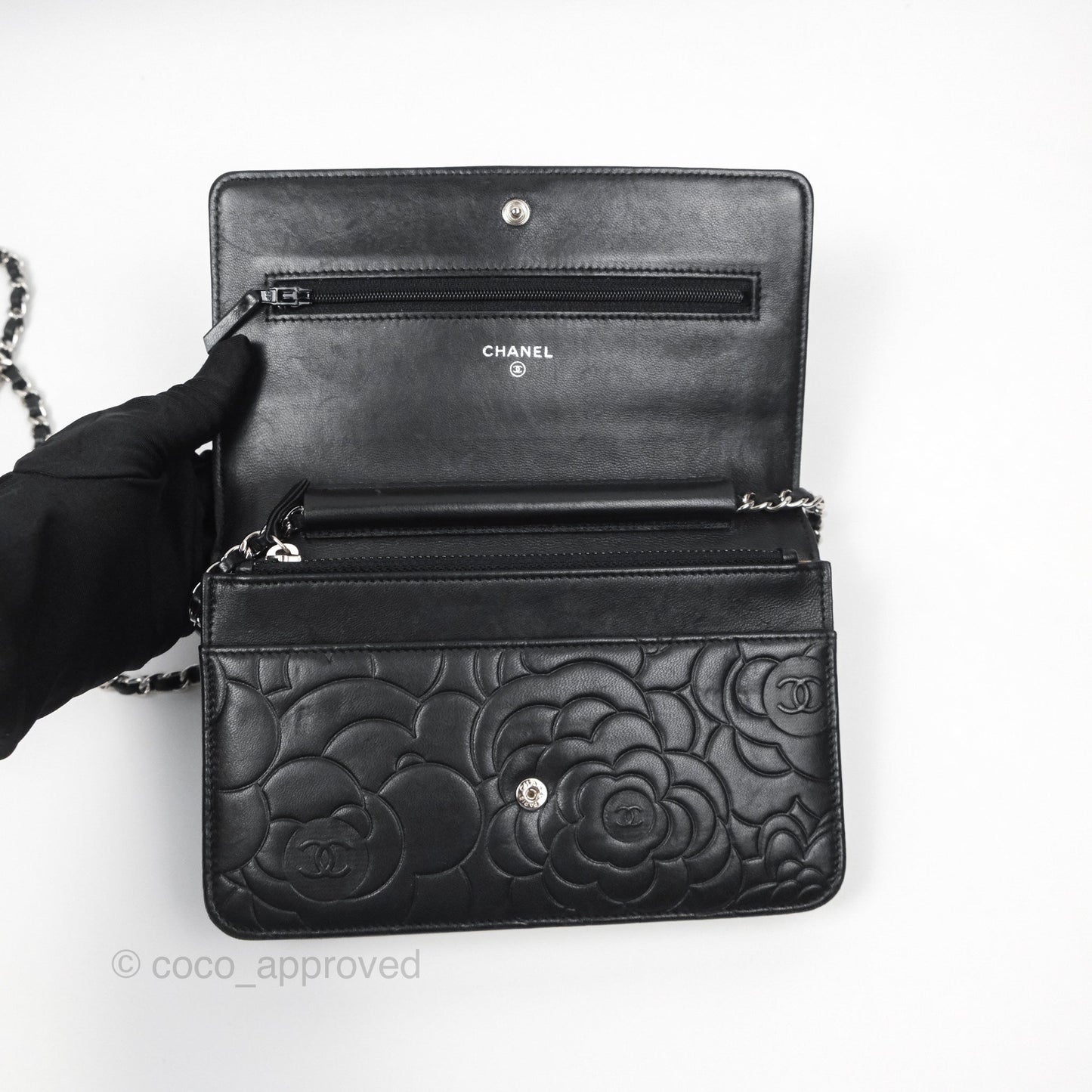 Chanel Camellia Embossed Wallet on Chain WOC Black Lambskin Silver Hardware