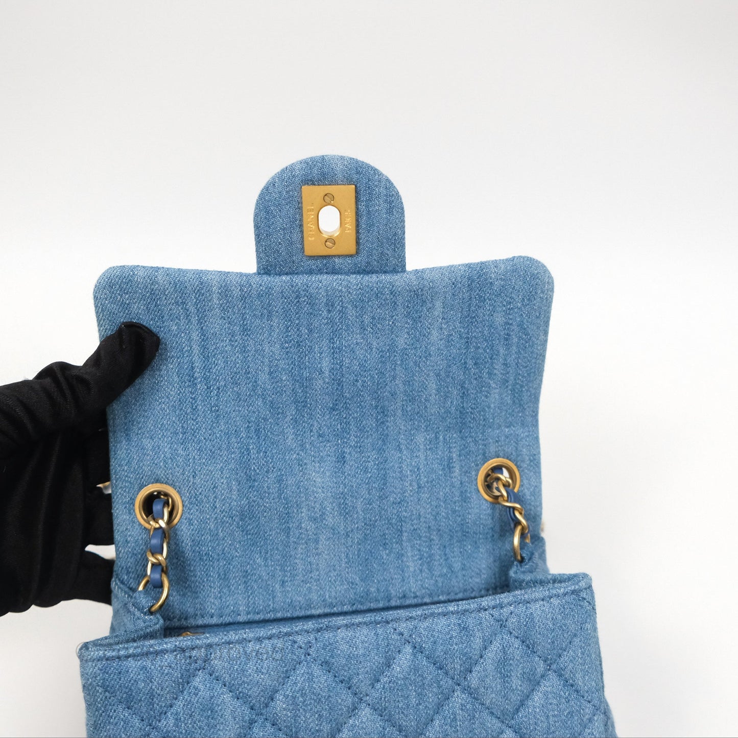 Chanel Mini Square Pearl Crush Quilted Denim Aged Gold Hardware