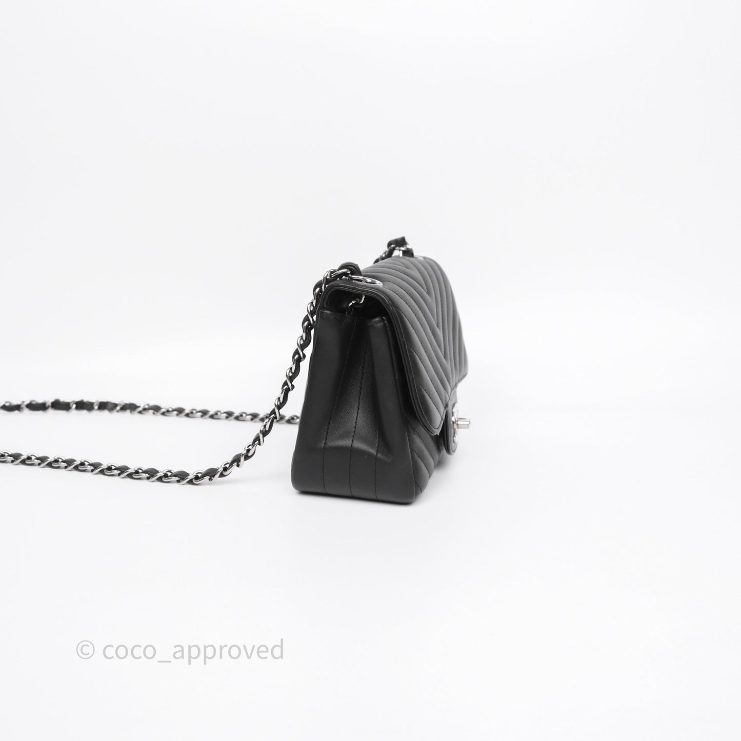 Chanel Mini Square Black Lambskin Chervon Bag Silver Hardware