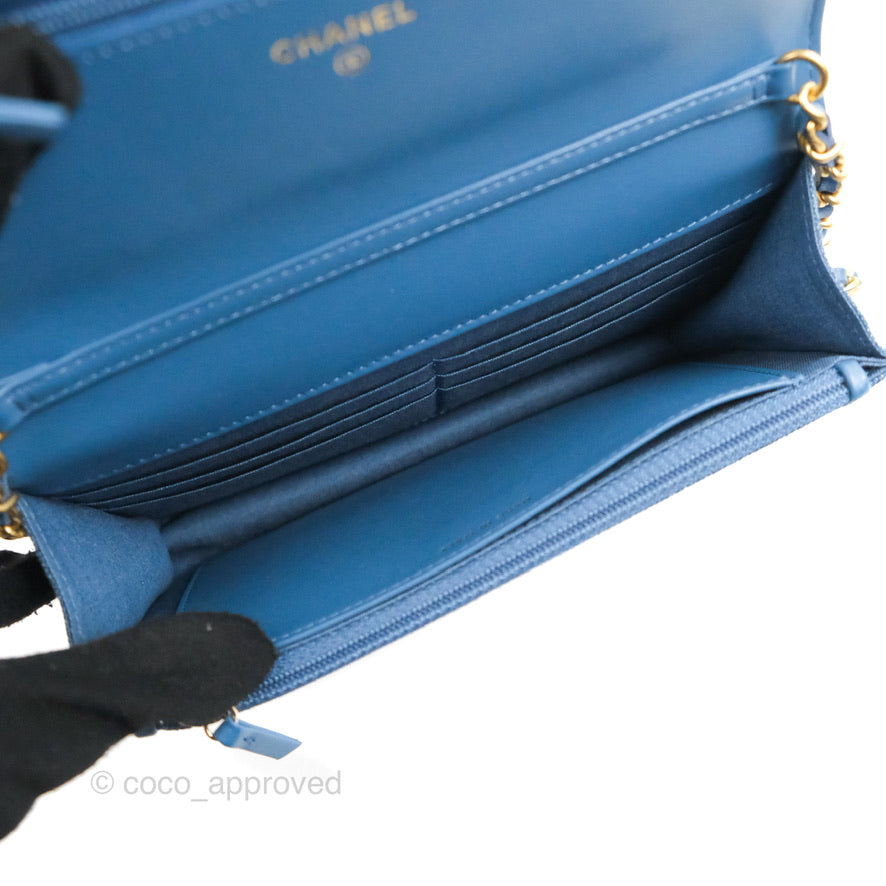Chanel Quilted Pearl Crush Wallet on Chain WOC Denim Aged Gold Hardware