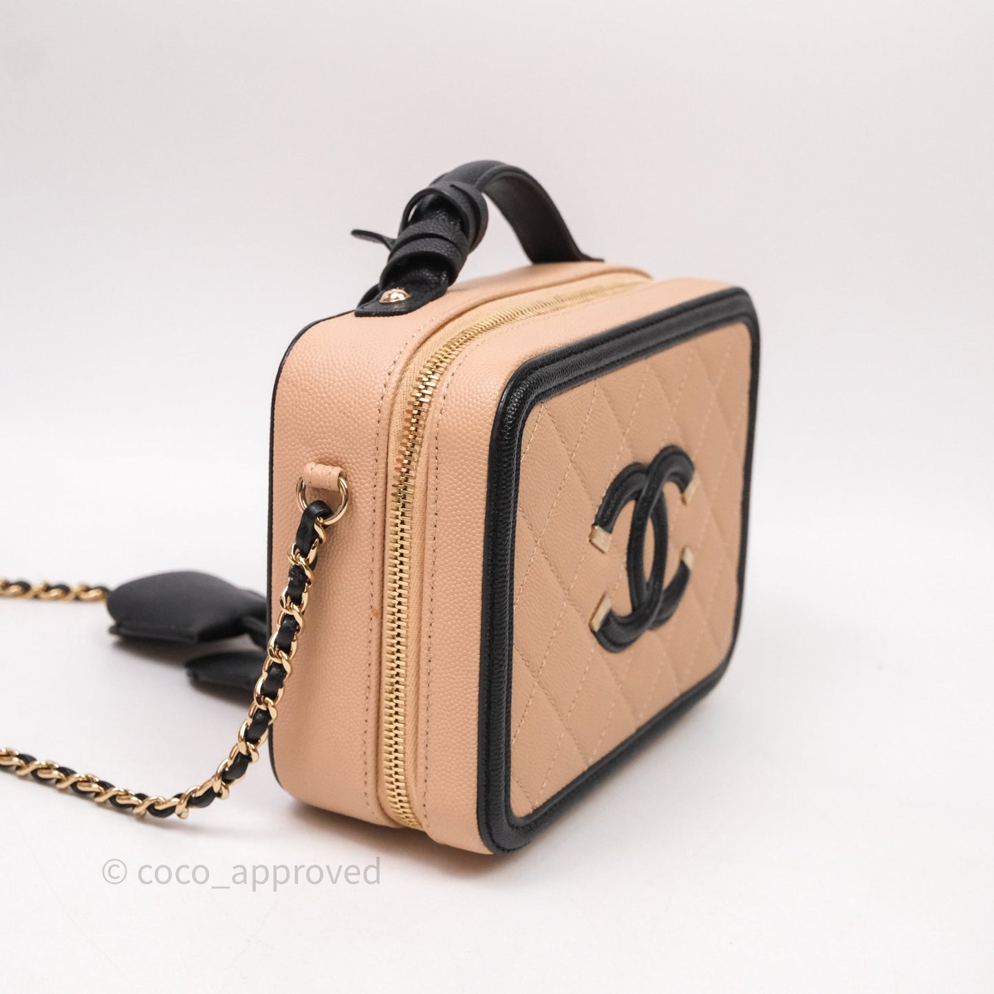 Chanel Quilted New Small CC Filigree Vanity Case Beige Caviar Gold Hardware