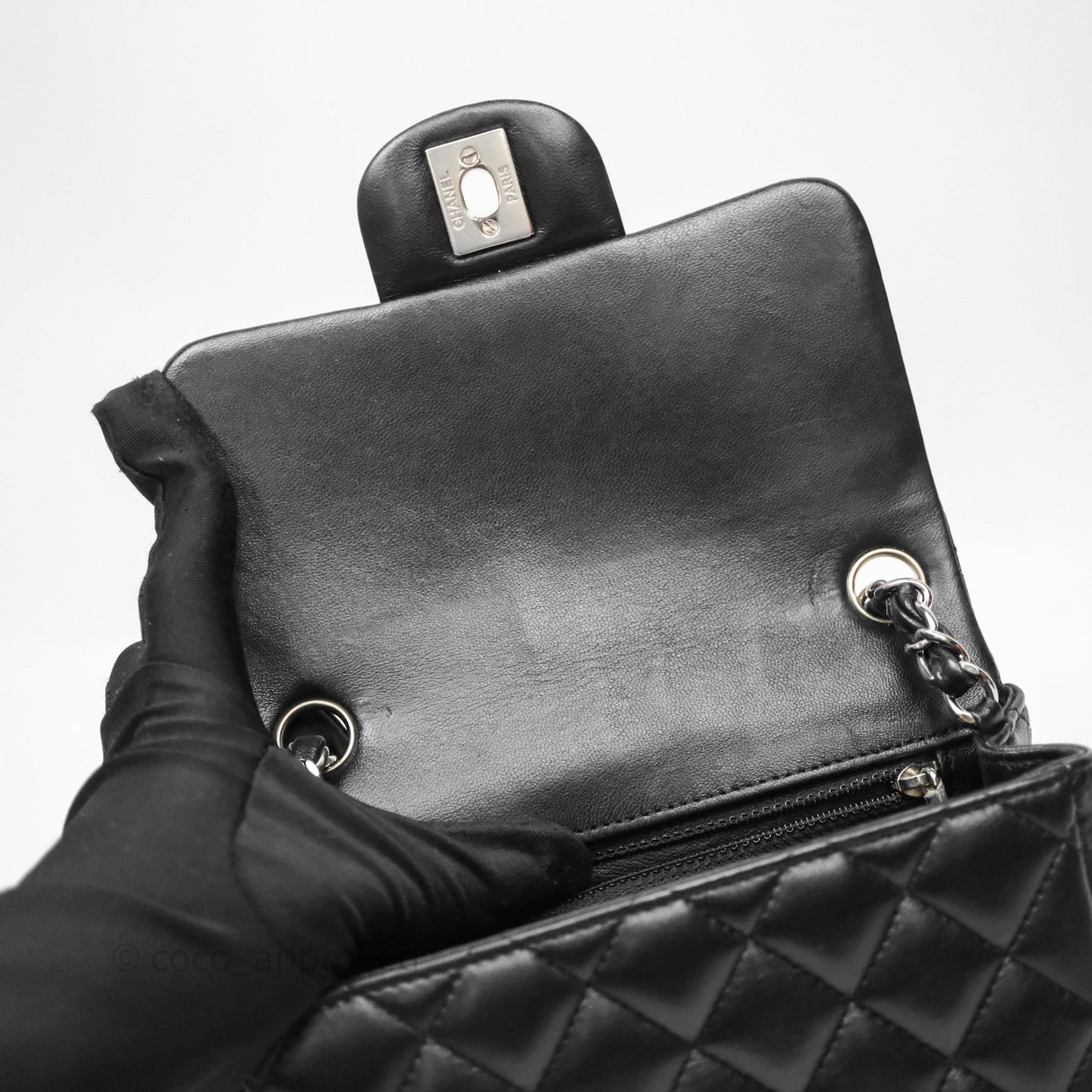 Chanel Mini Square Quilted Black Lambskin Silver Hardware