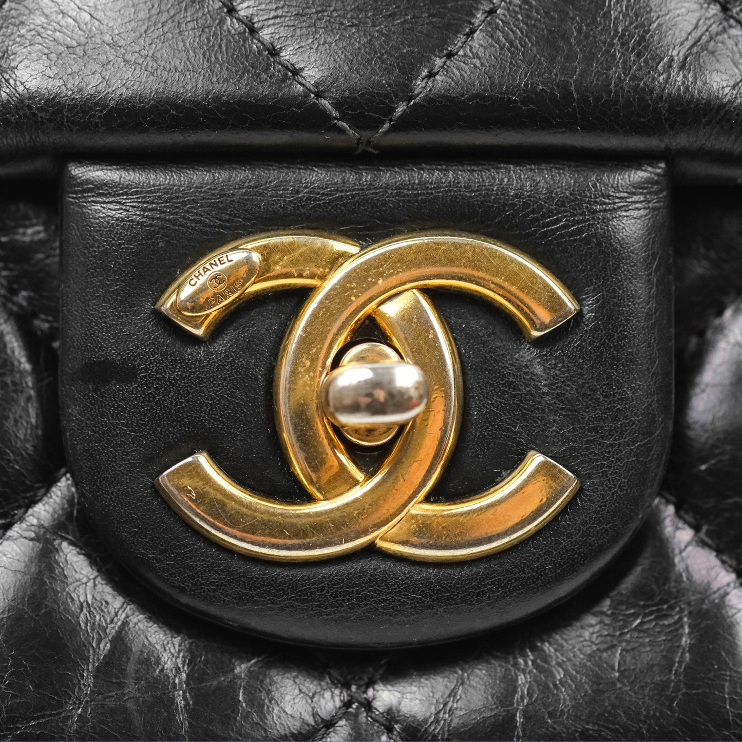 Chanel Gold Bar Top Handle Shoulder Bag Black Glazed Aged Calfskin Aged Gold Hardware