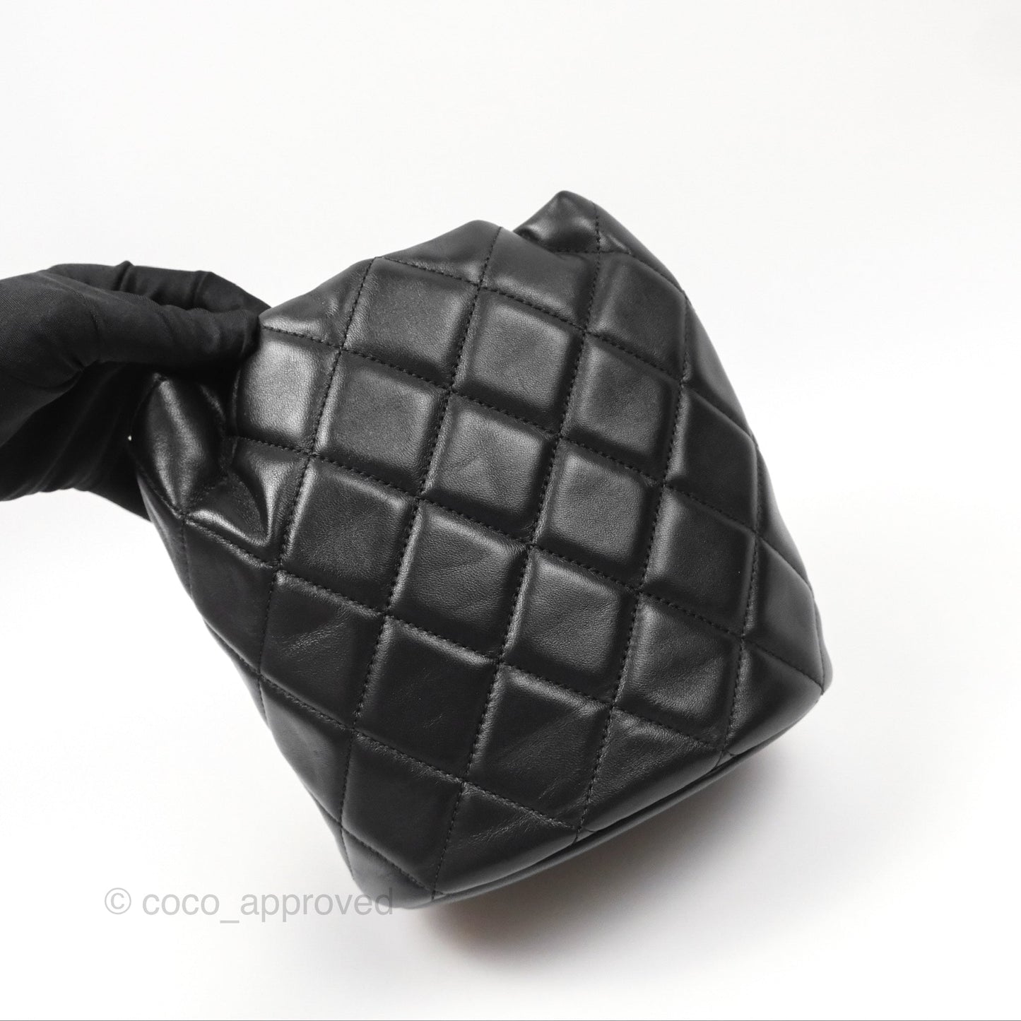 Chanel Quilted My Perfect with Pearl Drawstring Bucket Bag Black Lambskin Aged Gold Hardware