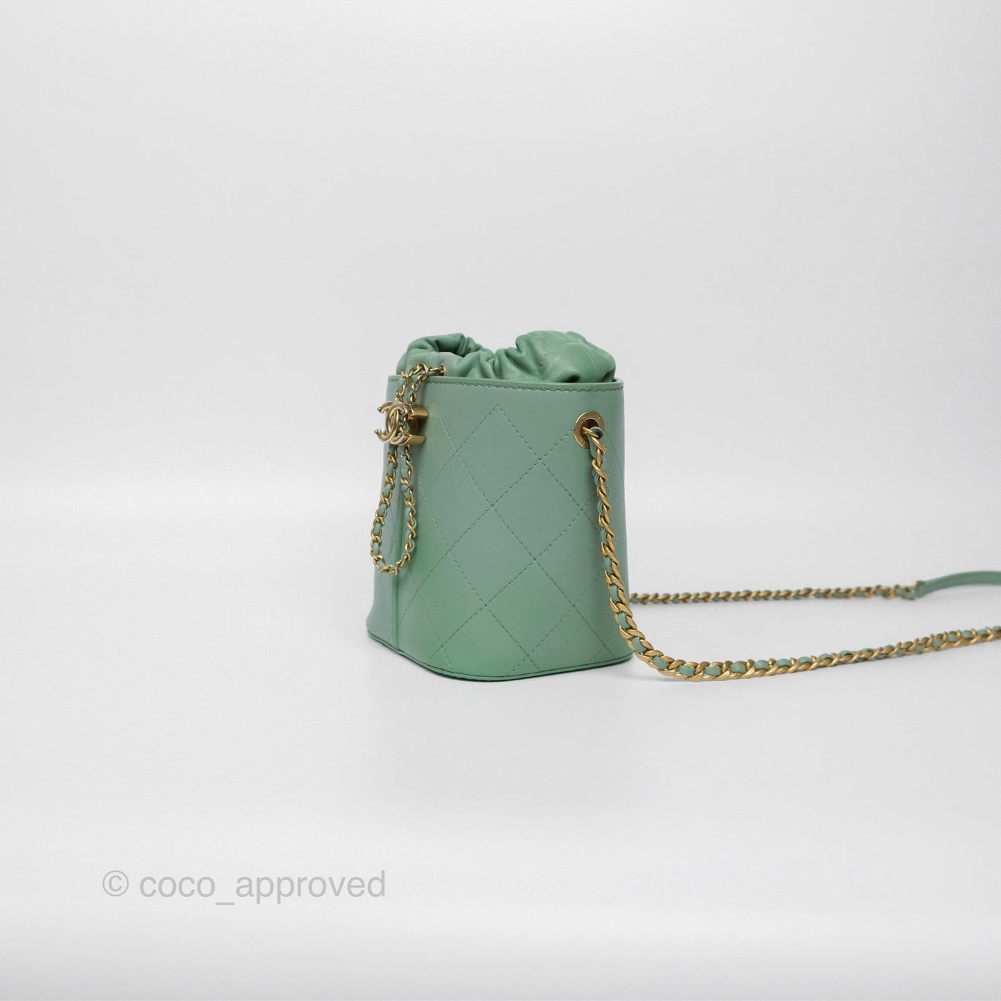 Chanel Drawstring Bucket Bag Quilted Green Caviar Aged Gold Hardware