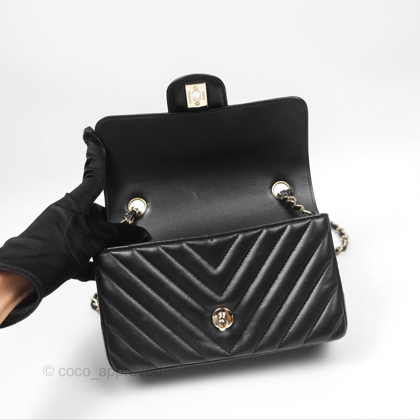 Chanel Mini Rectangular Flap Chevron Black Lambskin Gold Hardware