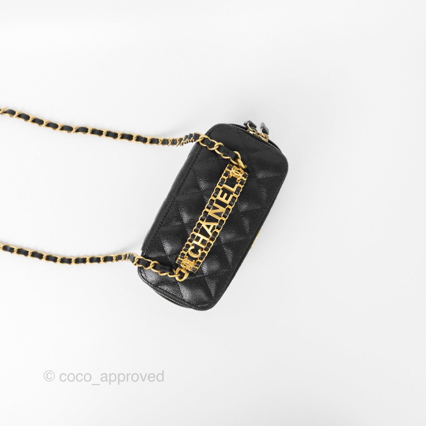 Chanel Logo Top Handle Vanity Rectangular Black Caviar Aged Gold Hardware