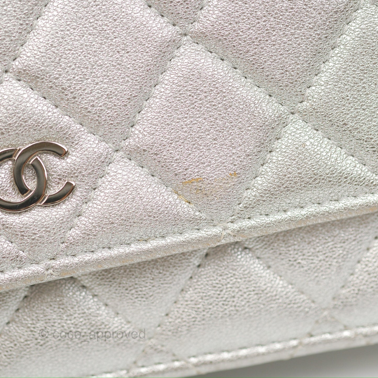 Chanel Quilted Wallet on Chain WOC Iridescent Silver Grained Lambskin Silver Hardware