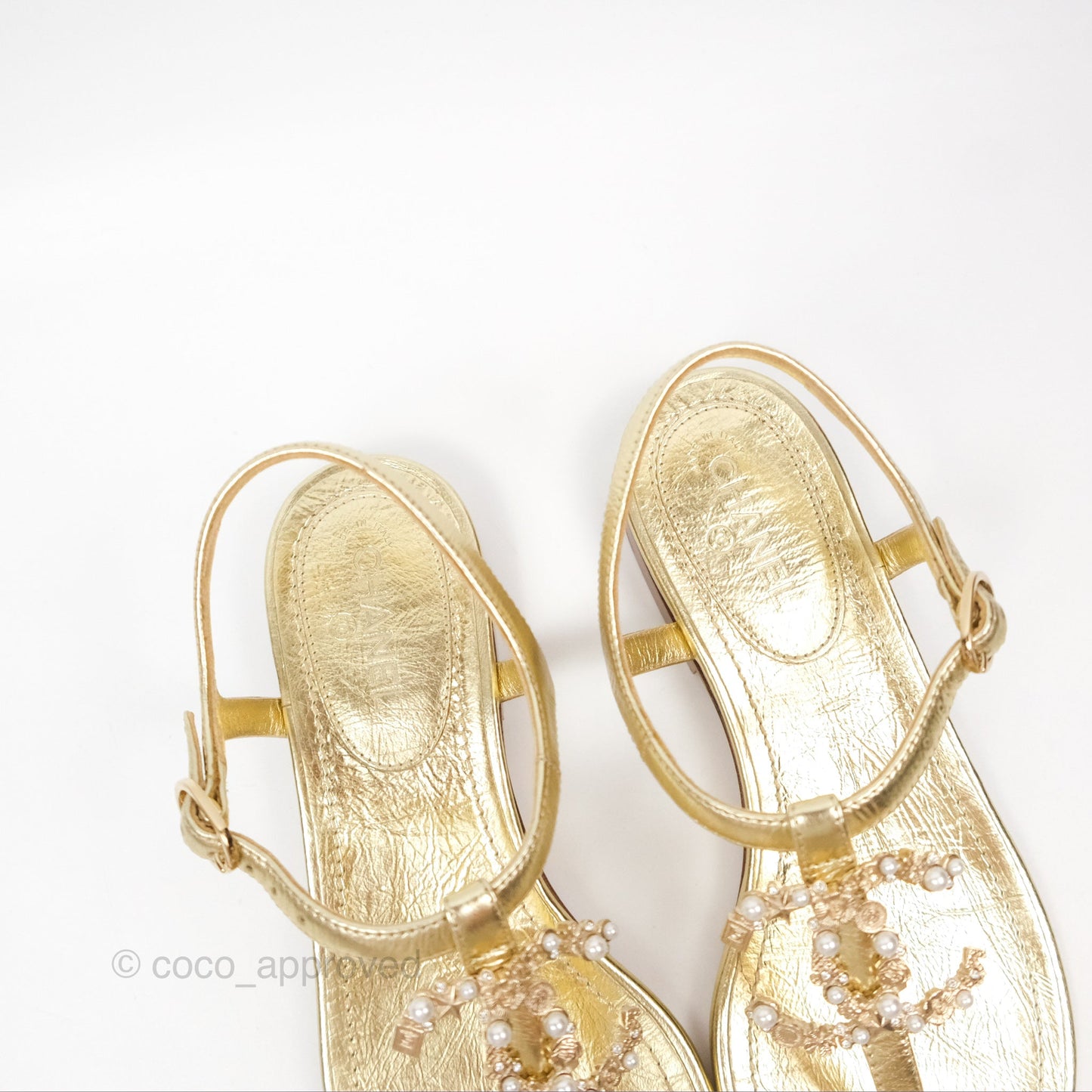 Chanel CC  Gold Metallic Leather Stone Thong Sandals Size 35