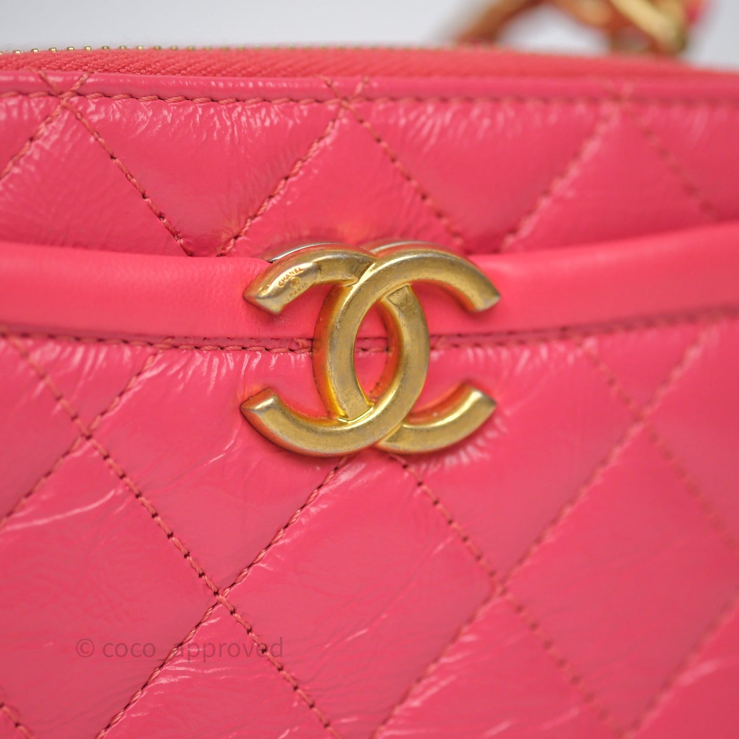 Chanel Small Top Handle Vanity Case Hot Pink Shiny Crumpled Calfskin Aged Gold Hardware