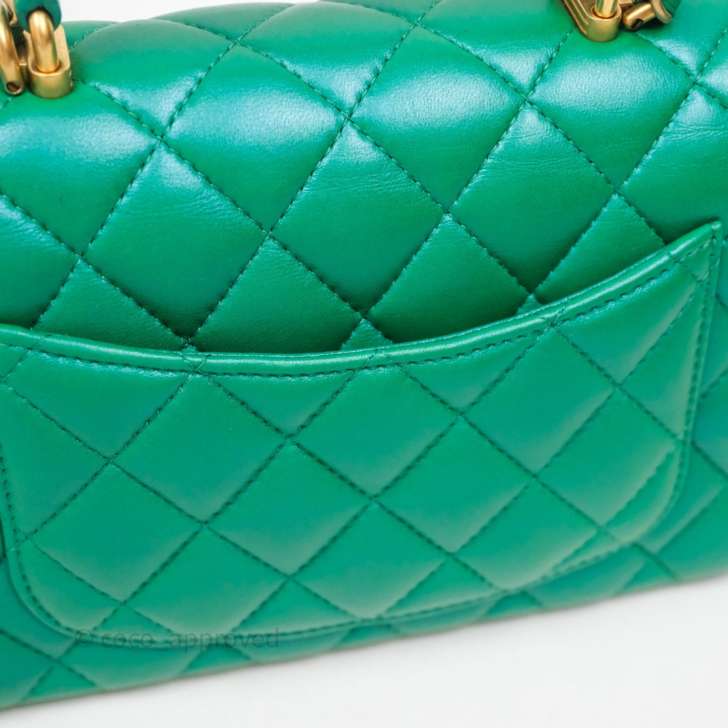 Chanel Top Handle Mini Rectangular Flap Bag Iridescent Green Lambskin Aged Gold Hardware