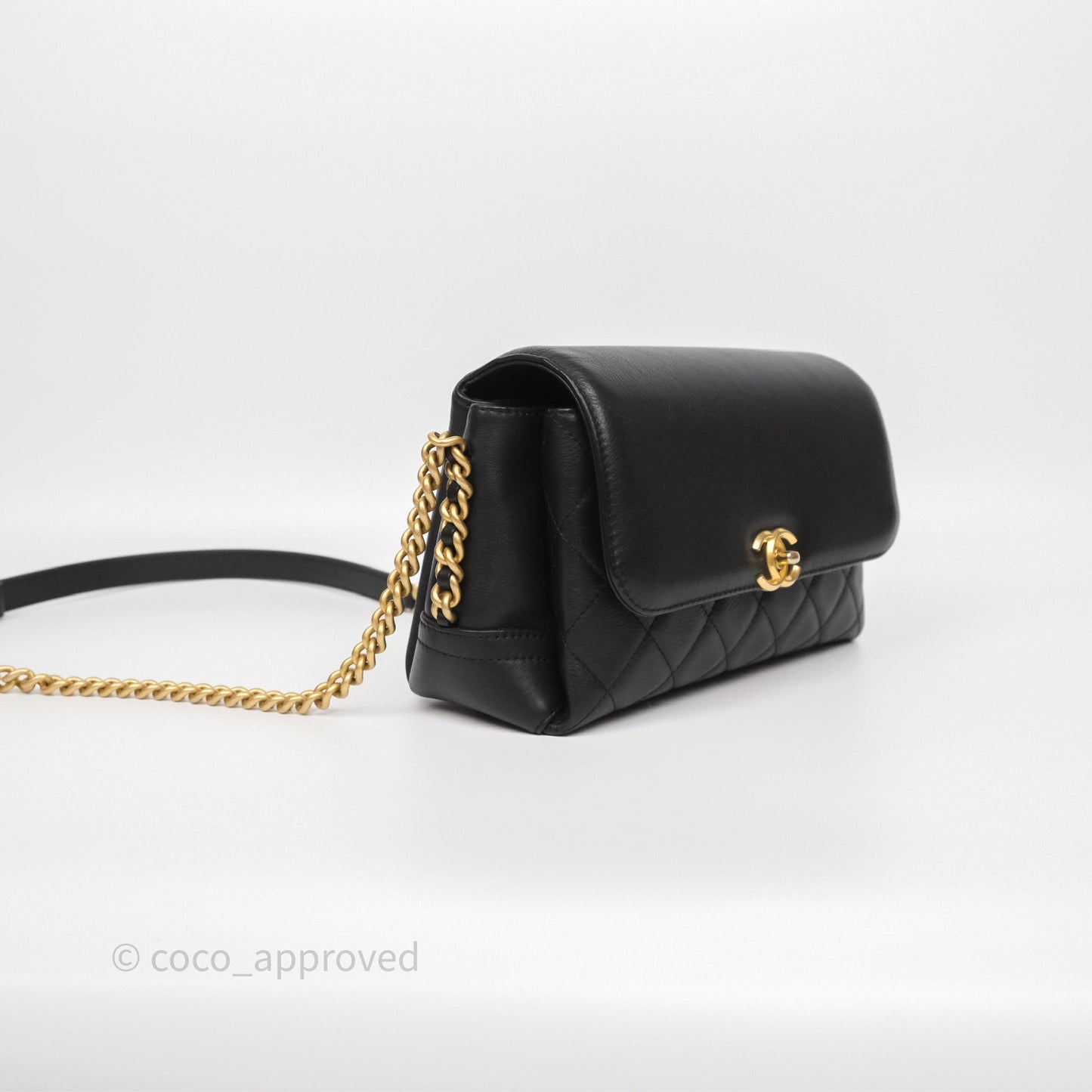 Chanel Side Chain Compartment Flap Black Calfskin Aged Gold Hardware
