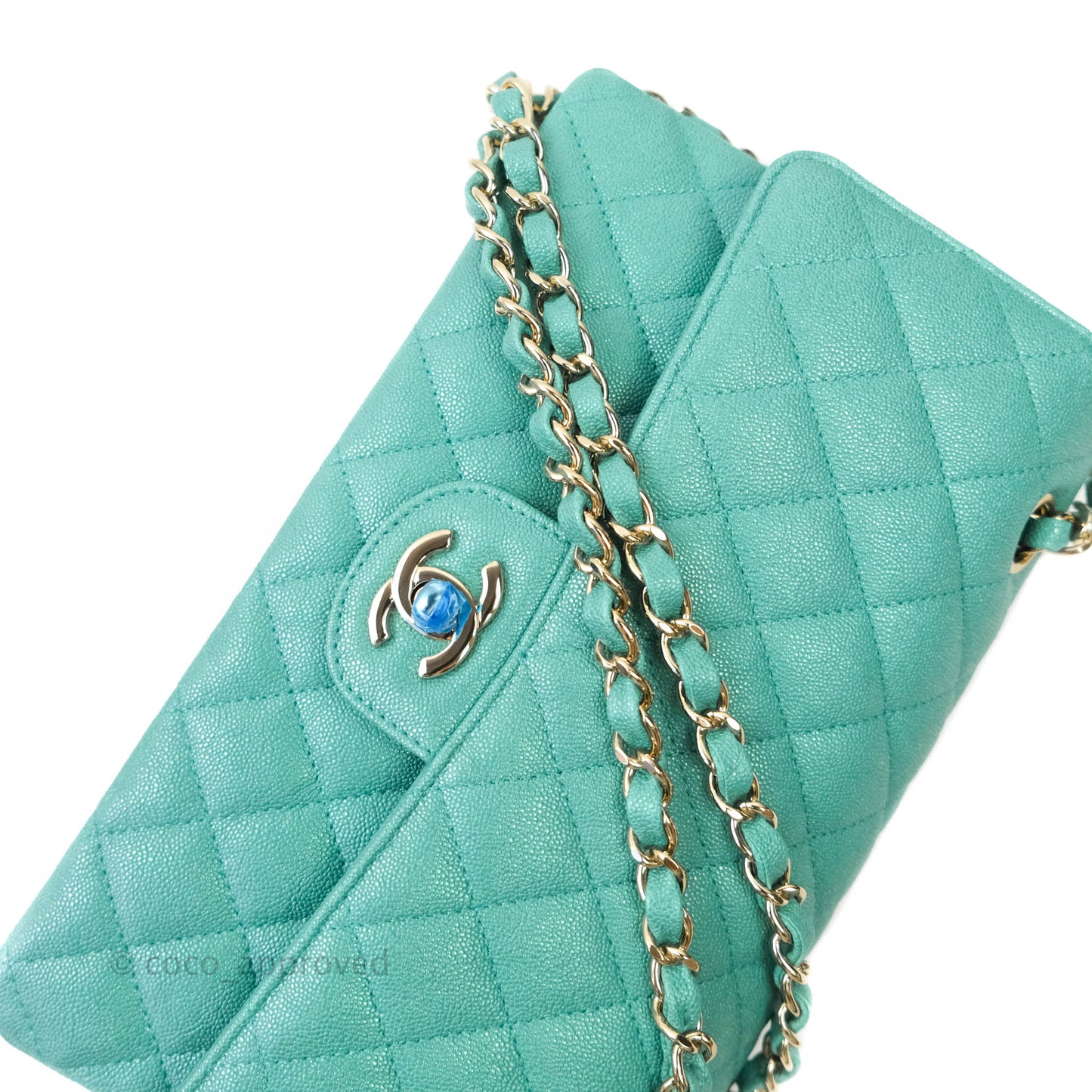 Chanel Classic M/L Medium Double Flap Iridescent Turquoise Caviar Gold Hardware 19S