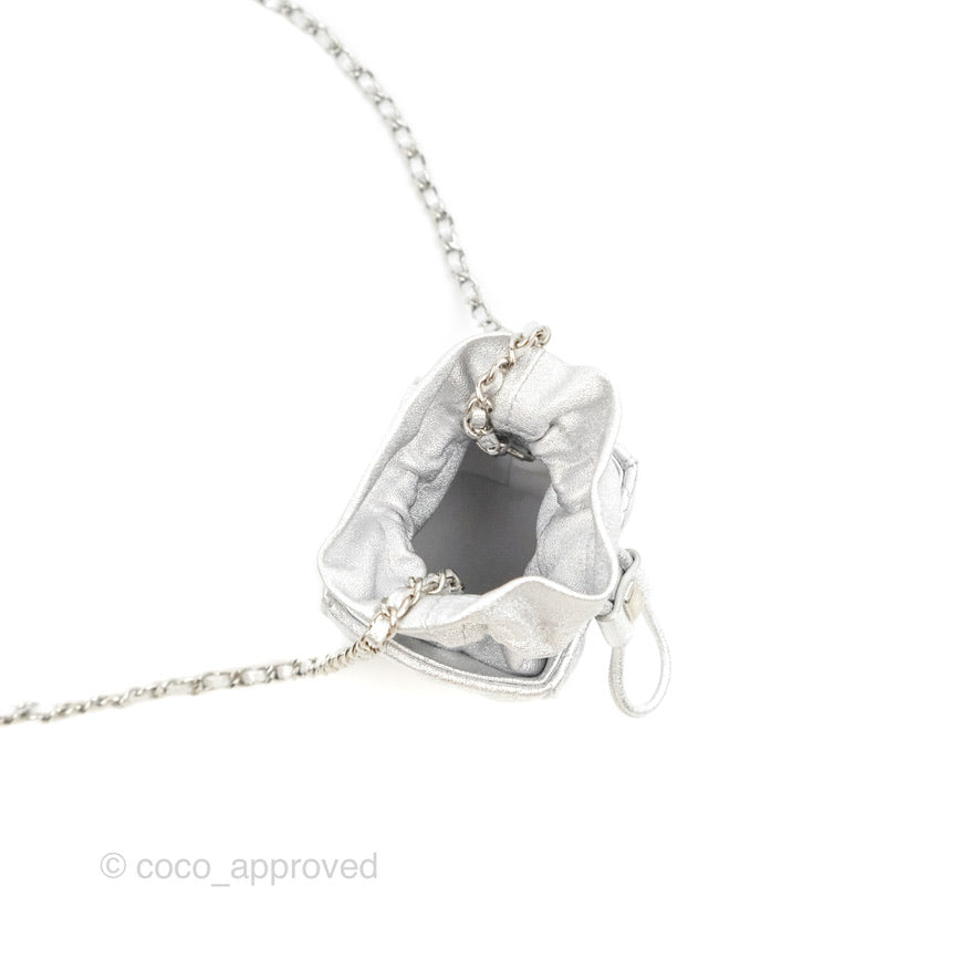 Chanel Mini Drawstring Bucket Bag with Chain Metallic Silver Calfskin Silver Hardware