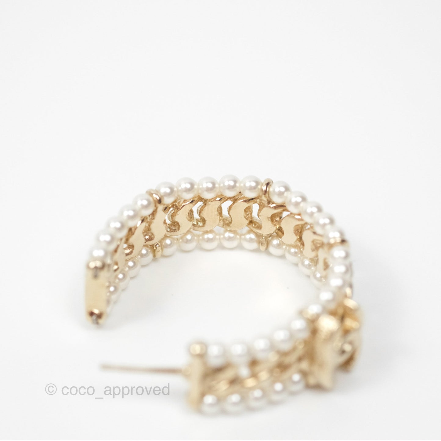 Chanel CC Pearl Hoop Earrings Gold Tone 20C