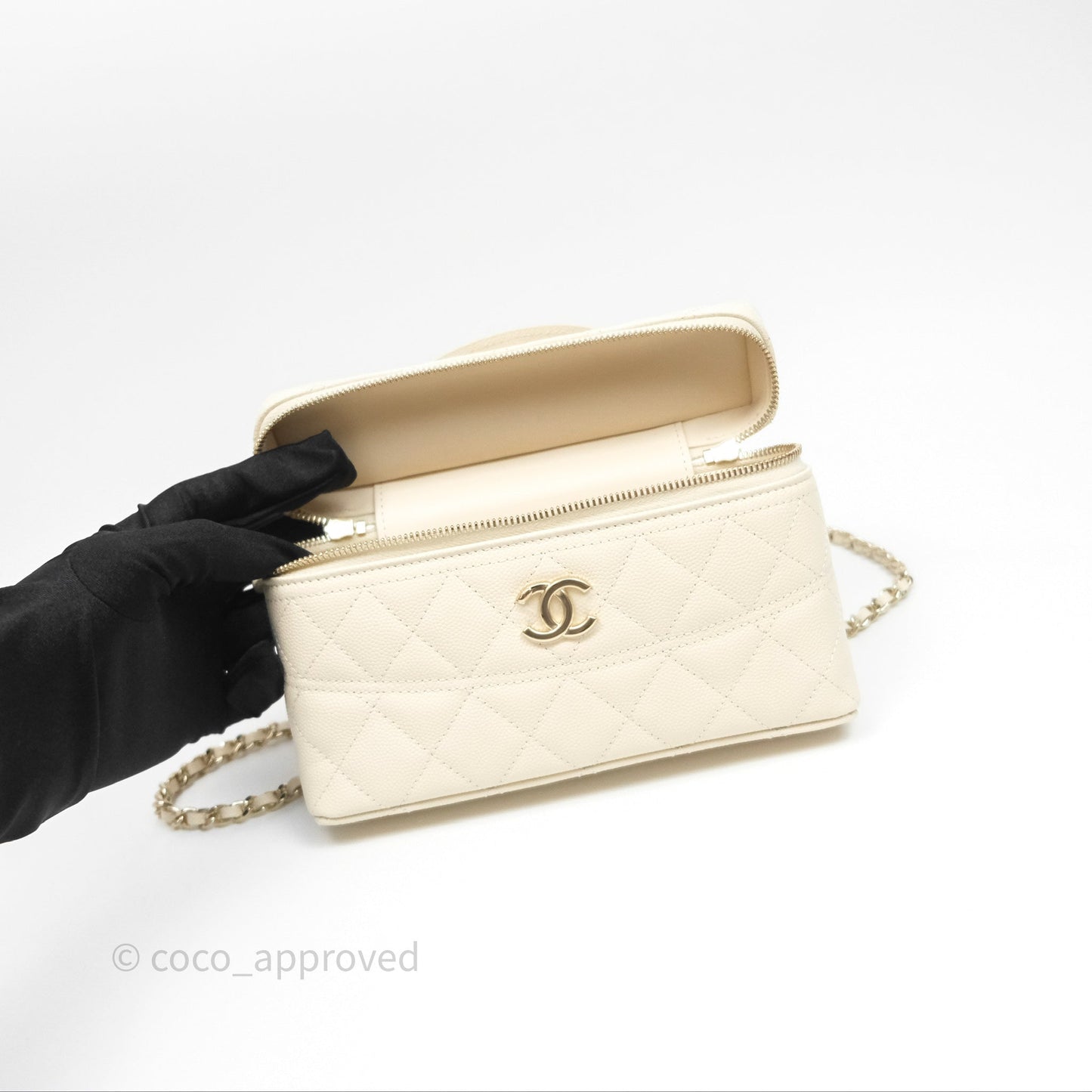 Chanel Top Handle Long Vanity with Chain Beige Caviar Gold Hardware 25C