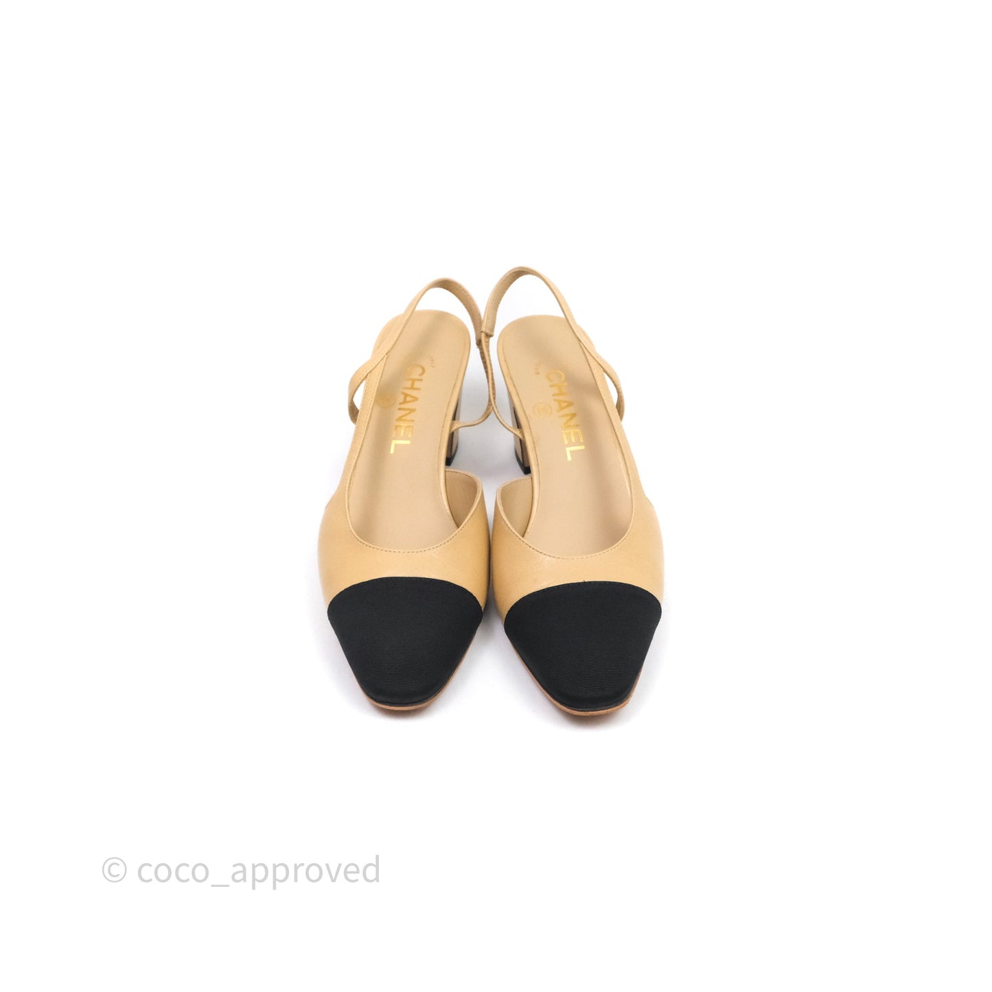 Chanel Classic Slingback Beige Black Leather Size 37