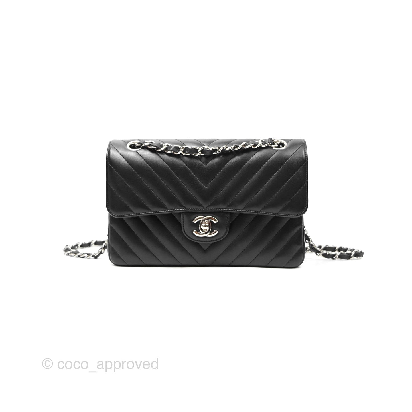 Chanel Small Classic Chevron Flap Black Lambskin Silver Hardware