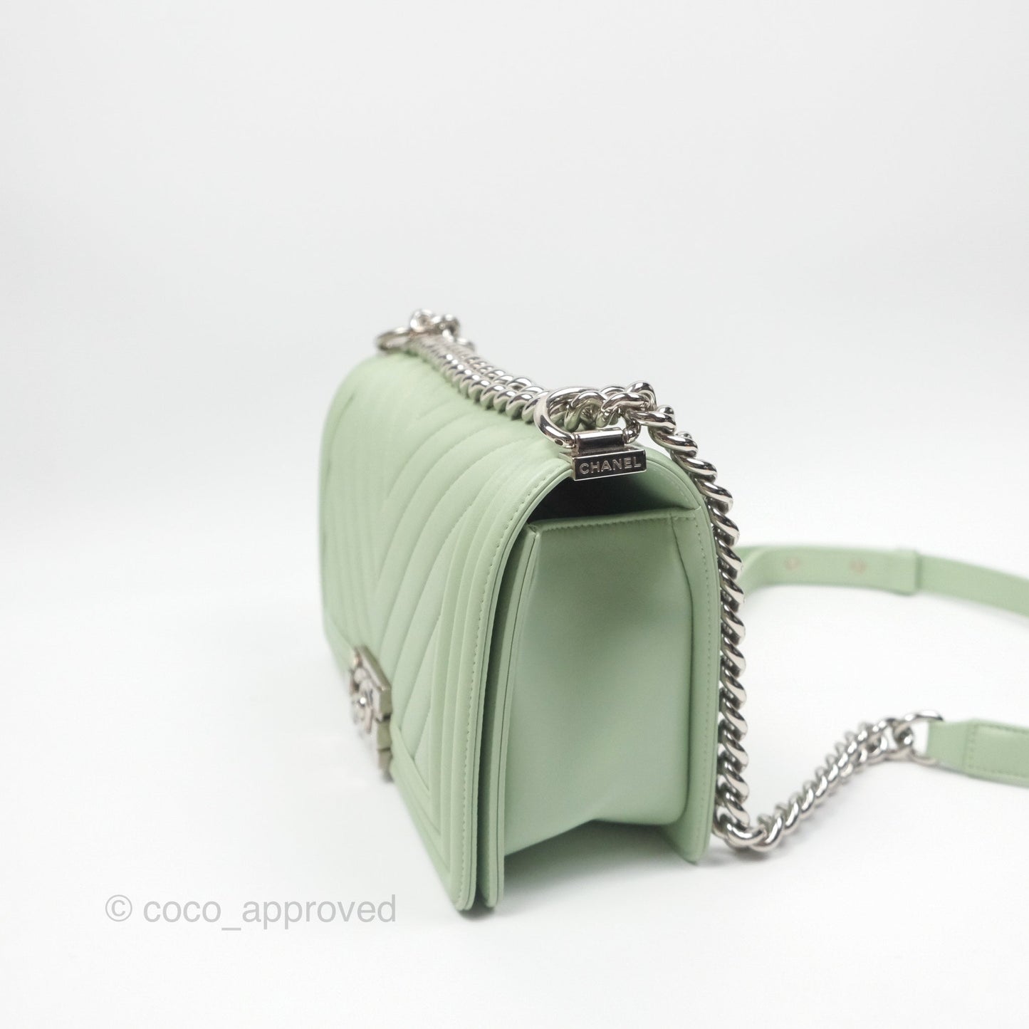 Chanel Medium Chevron Boy Mint Green Calfskin Silver Hardware