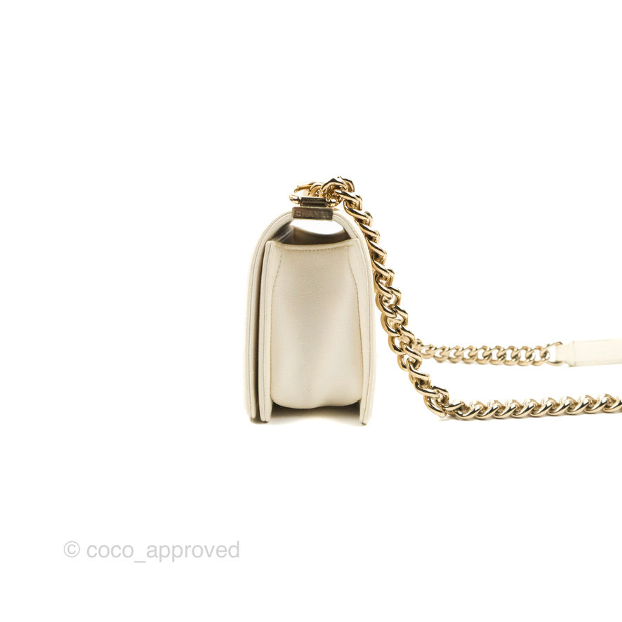 Chanel Small Boy White Caviar Gold Hardware