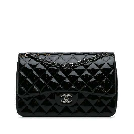 Luxury Chanel Classic Double Flap Jumbo Black Patent Leather Silver