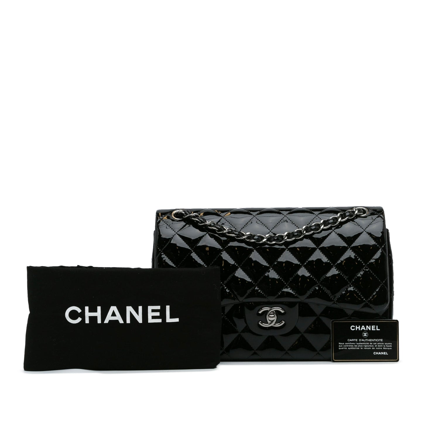 Luxury Chanel Classic Double Flap Jumbo Black Patent Leather Silver