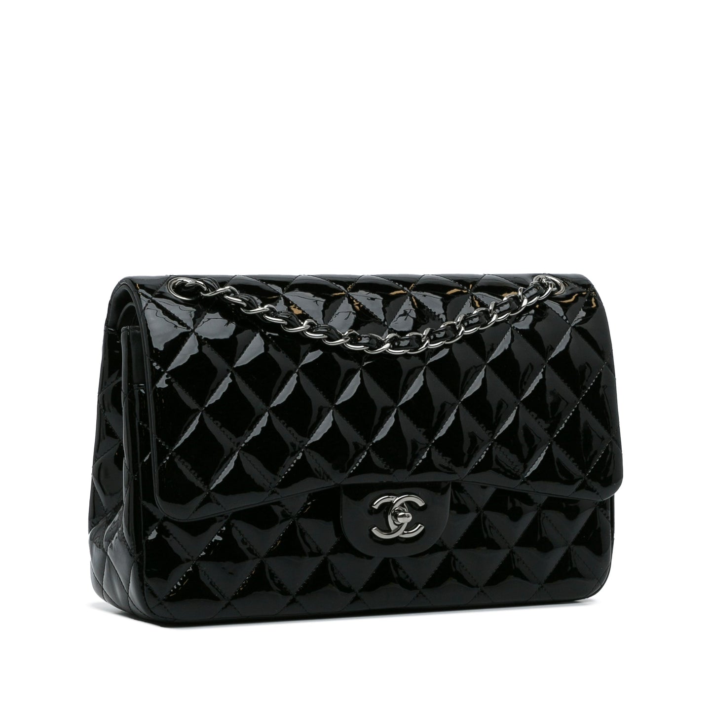 Luxury Chanel Classic Double Flap Jumbo Black Patent Leather Silver