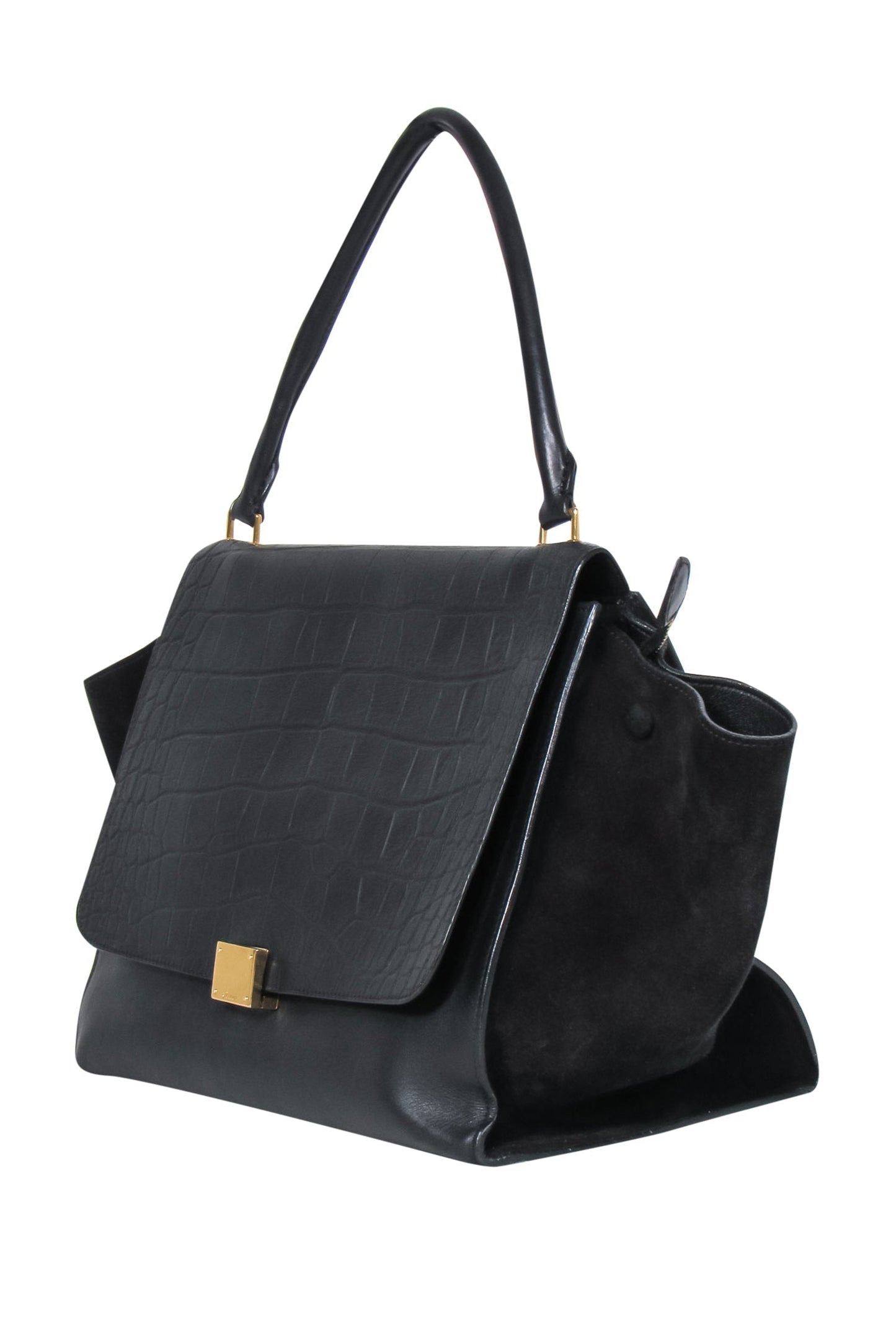 Luxury CELINE - Black Leather Reptile Embossed Fold-Over Handbag