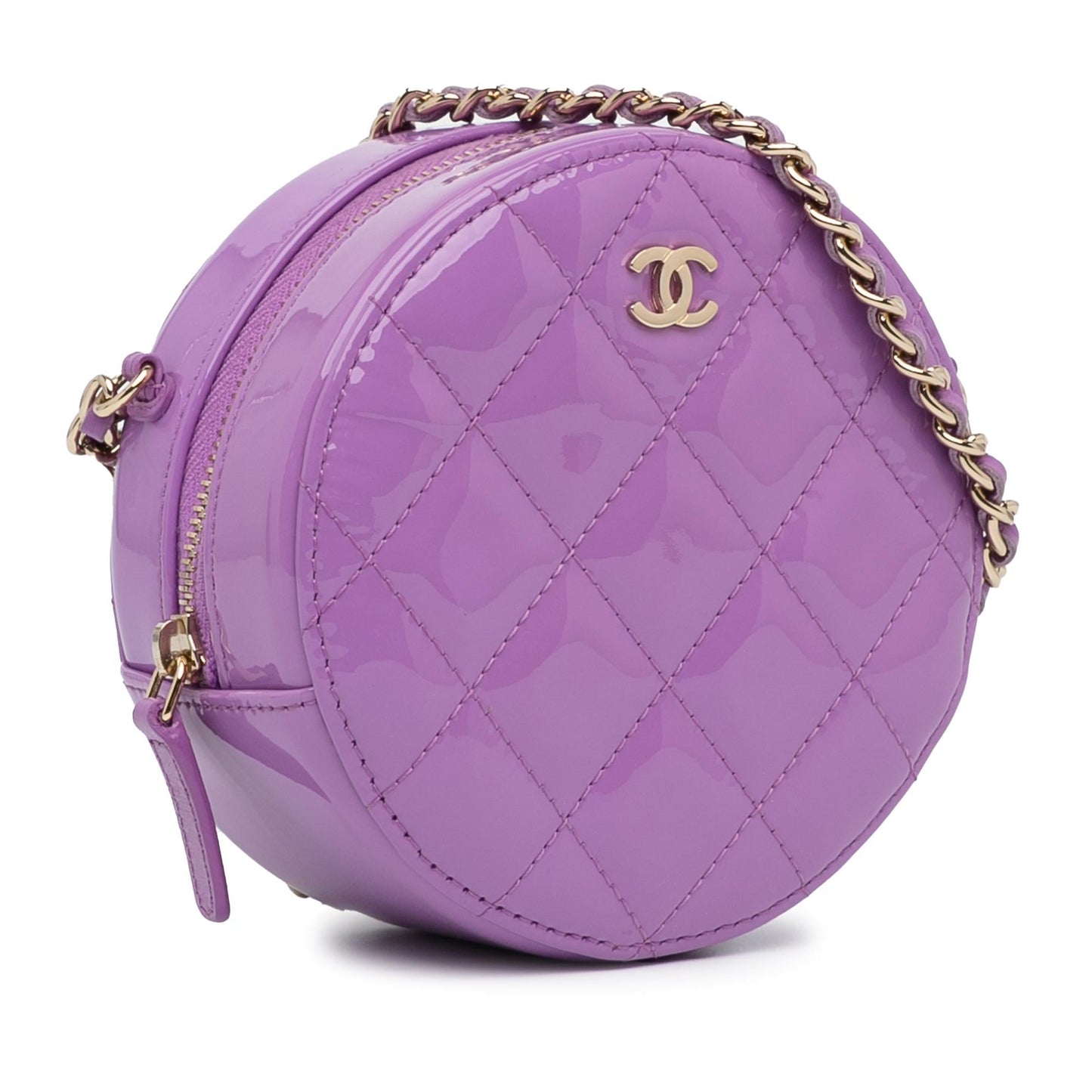 Luxury Chanel CC Quilted Patent Round Clutch With Chain (SHG-g7ORNQ)