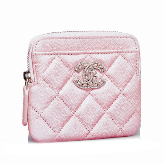 Chanel Caviar CC Crystal Woven Square Zip Around Card Holder (SHG-07vPg1)