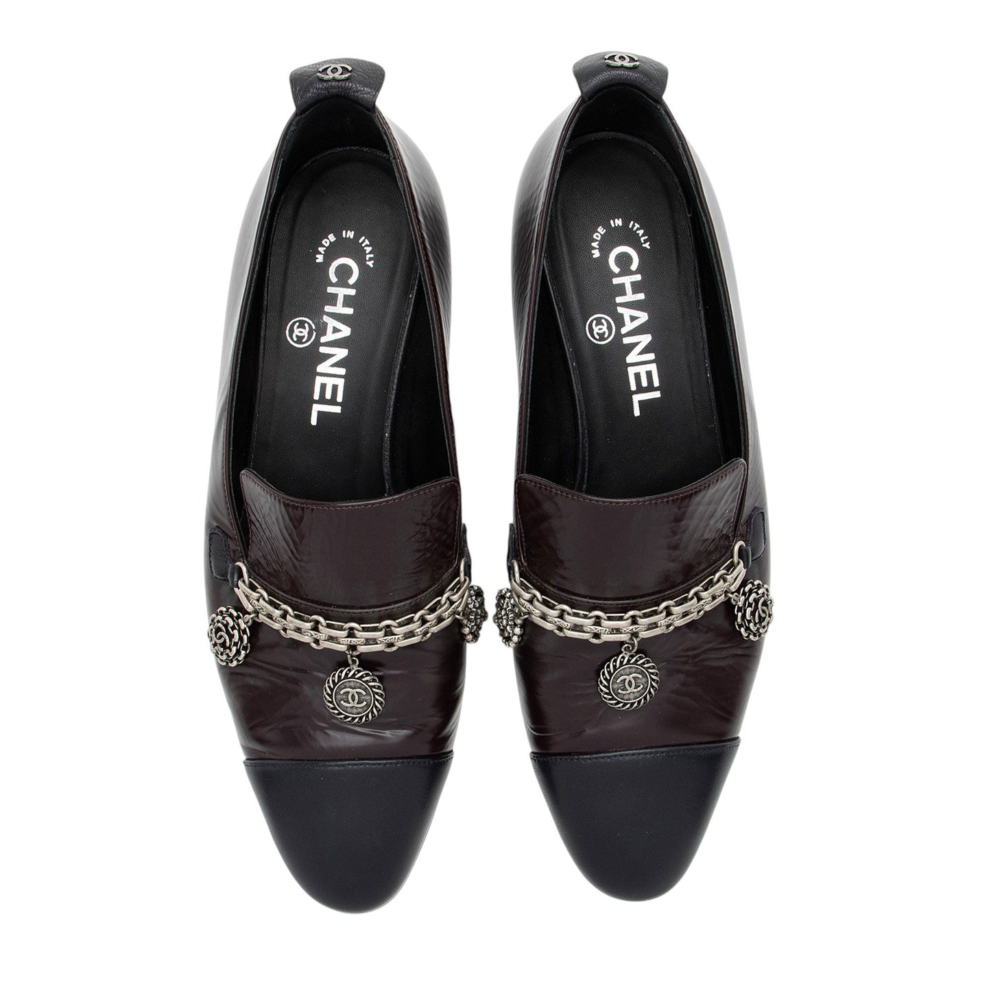 Chanel Crackled Goatskin CC Charm Cap Toe Loafers - Size 7.5 / 37.5