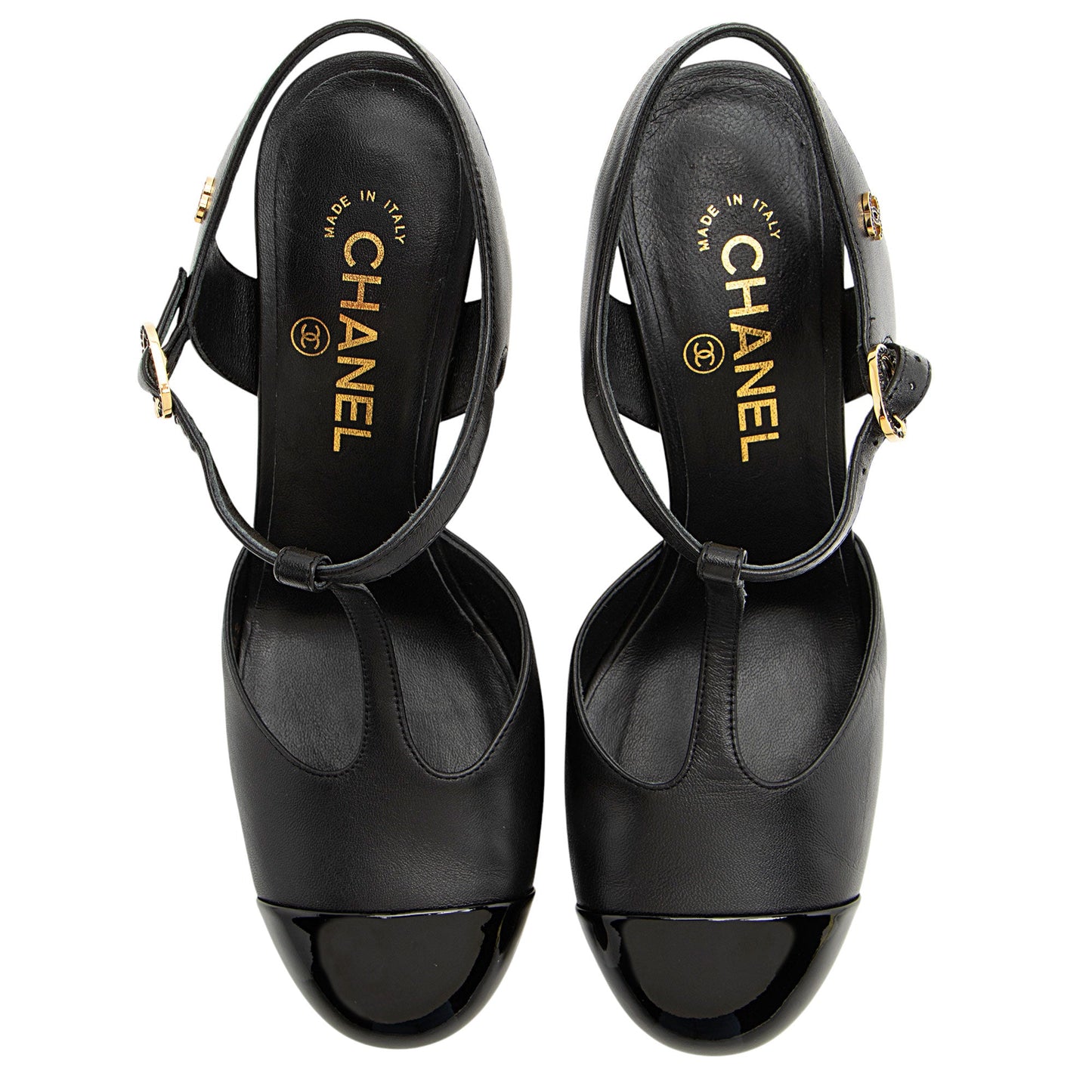 Chanel Lambskin Crystal CC Cap Toe T-Strap Pumps - Size 8.5 / 38.5 (SHF-hgEKsW)