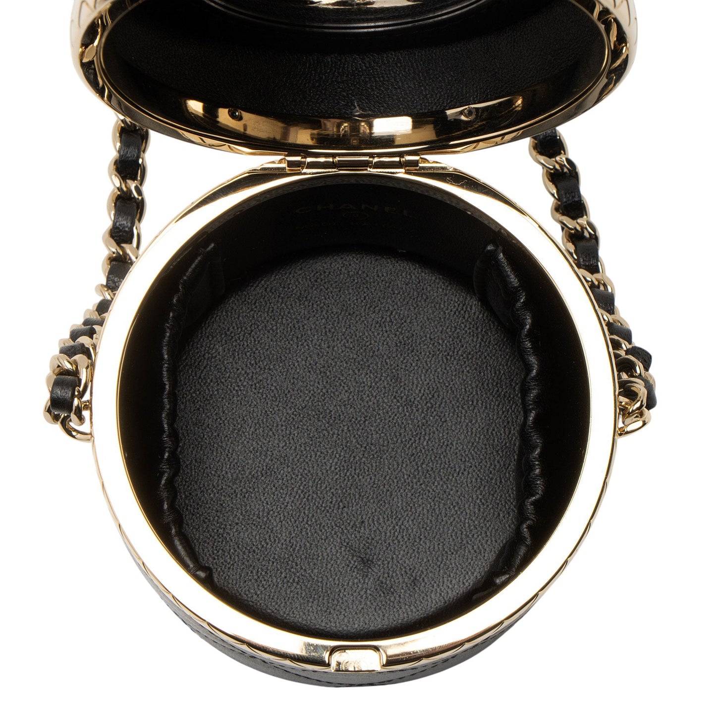 Chanel Lambskin Lock Frame Round Mini Vanity Case with Chain