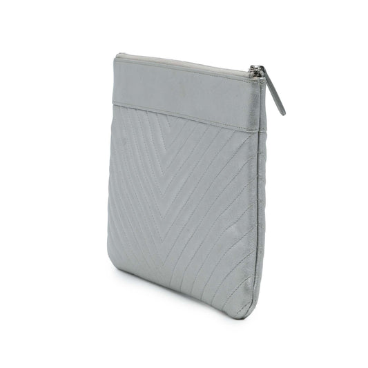 Chanel Large Chevron Metallic Lambskin Mademoiselle Zip Clutch