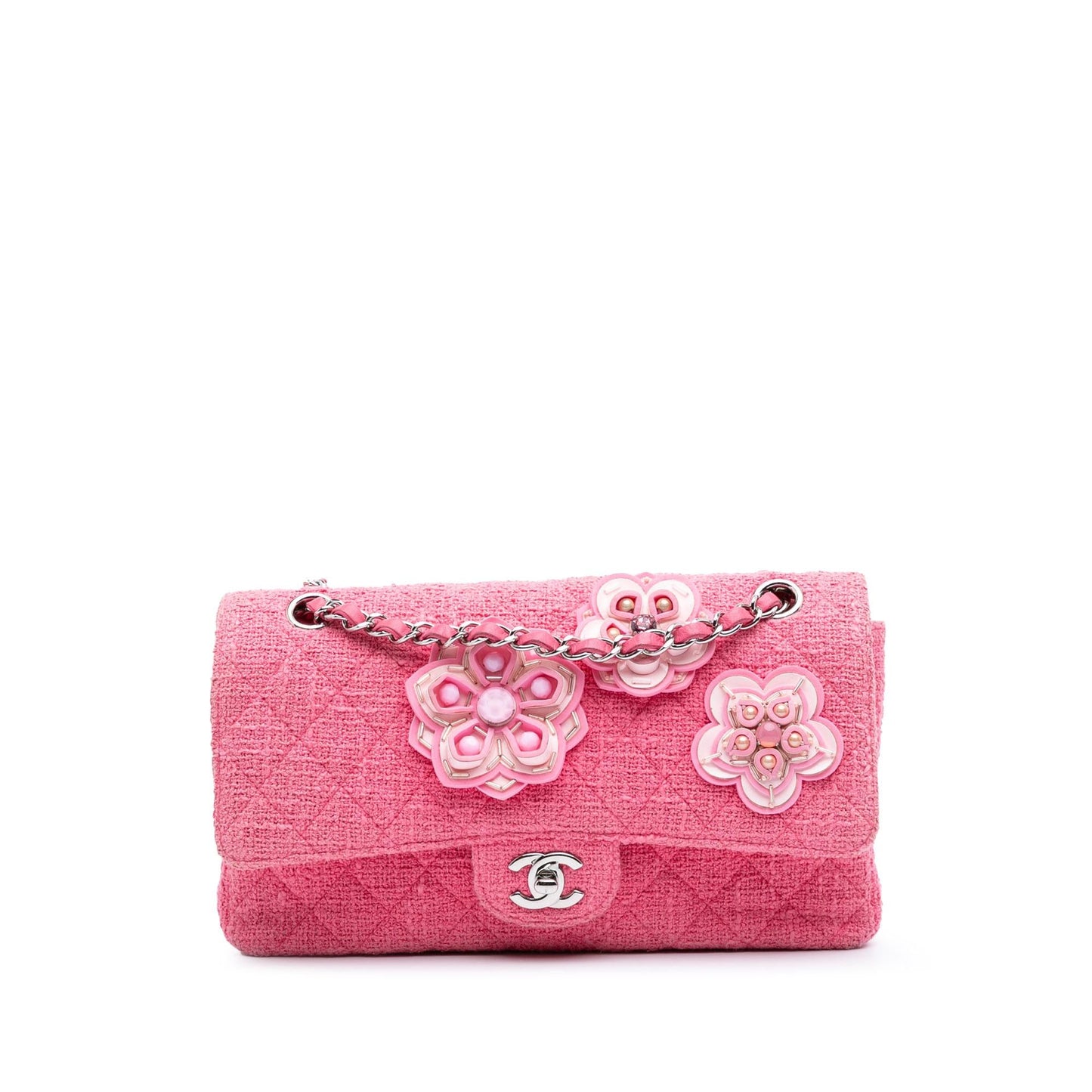 Chanel Medium Classic Tweed Beaded Flower Double Flap