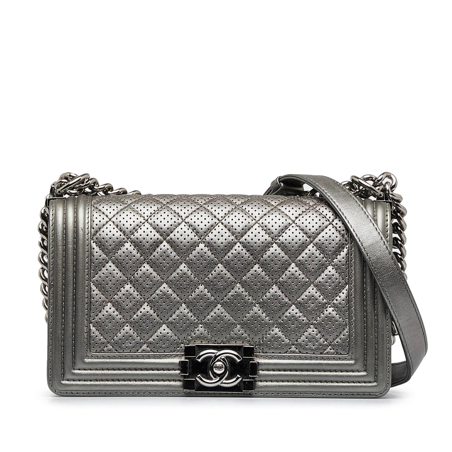 Chanel Old Medium Quilted Perforated Metallic Lambskin Boy Flap