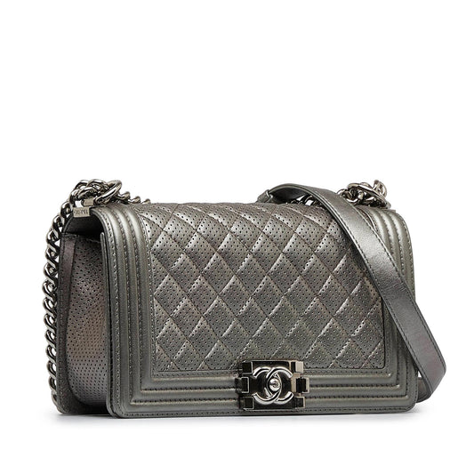 Chanel Old Medium Quilted Perforated Metallic Lambskin Boy Flap