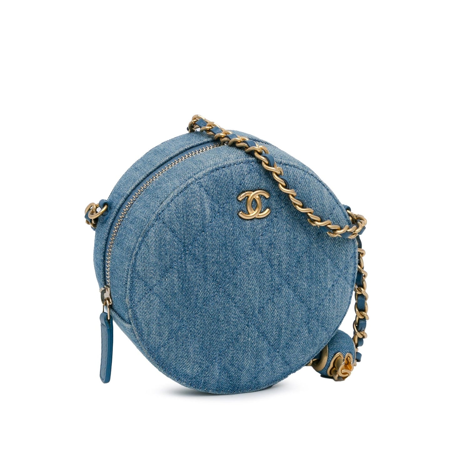 Chanel Quilted Denim Pearl Crush Round Clutch with Chain (SHG-HXkyLN)