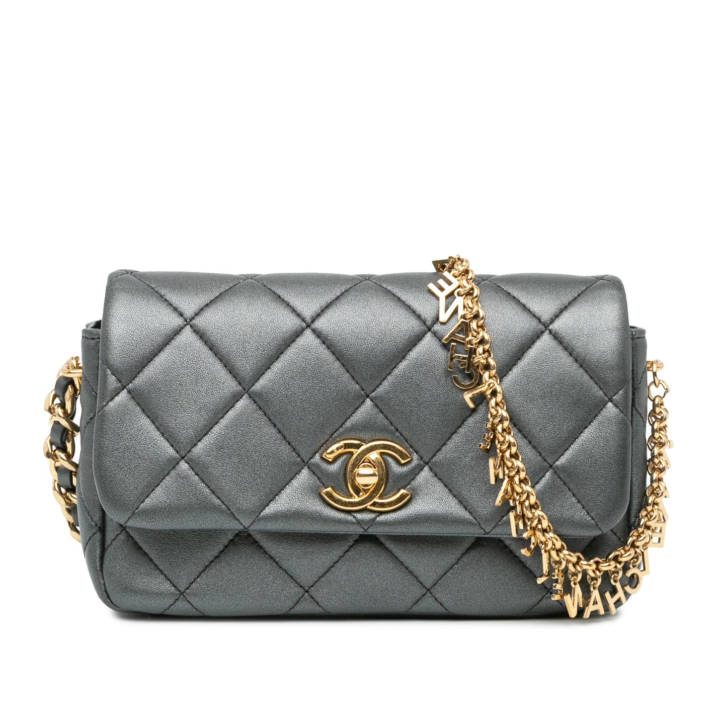 Chanel Quilted Metallic Lambskin Logo Charm Chain Flap (SHG-tizGCB)