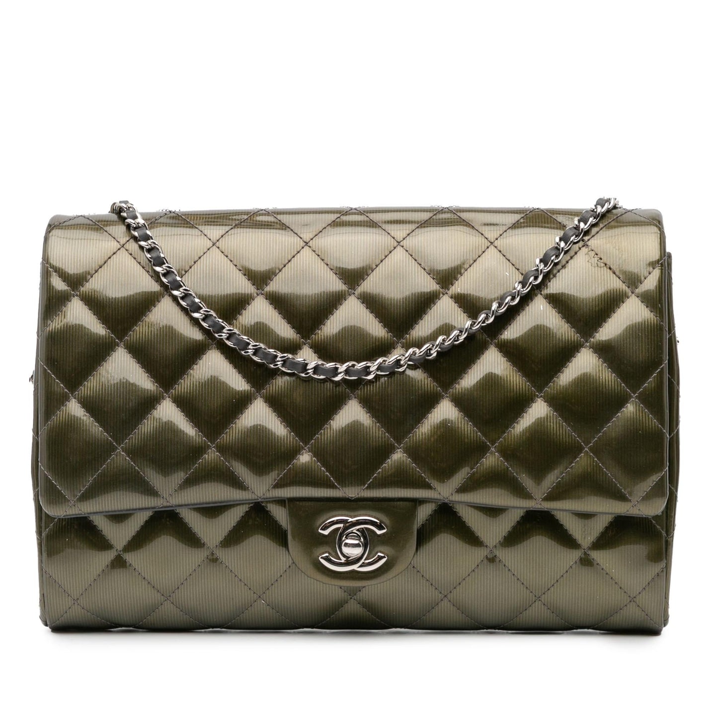 Chanel Quilted Striated Metallic Patent Clutch with Chain