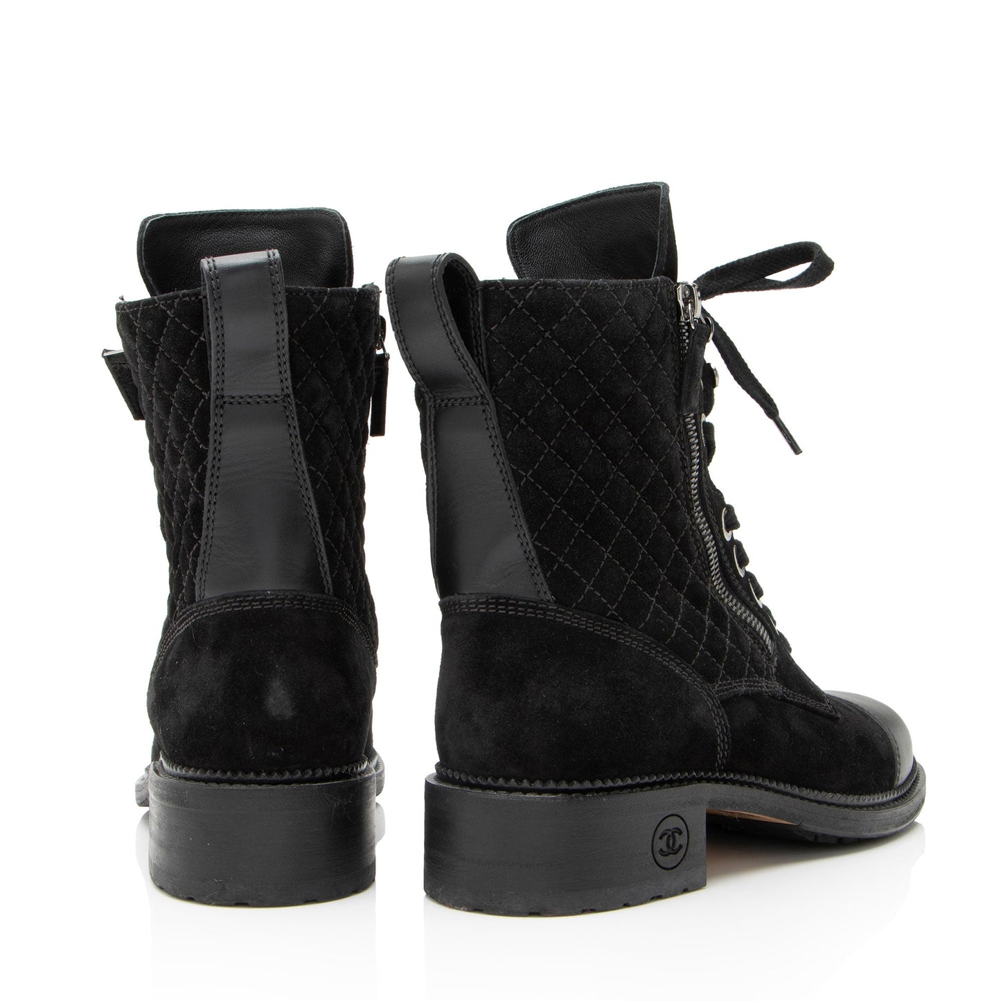 Chanel Quilted Suede CC Leather Cap Toe Combat Boots - Size 9 / 39