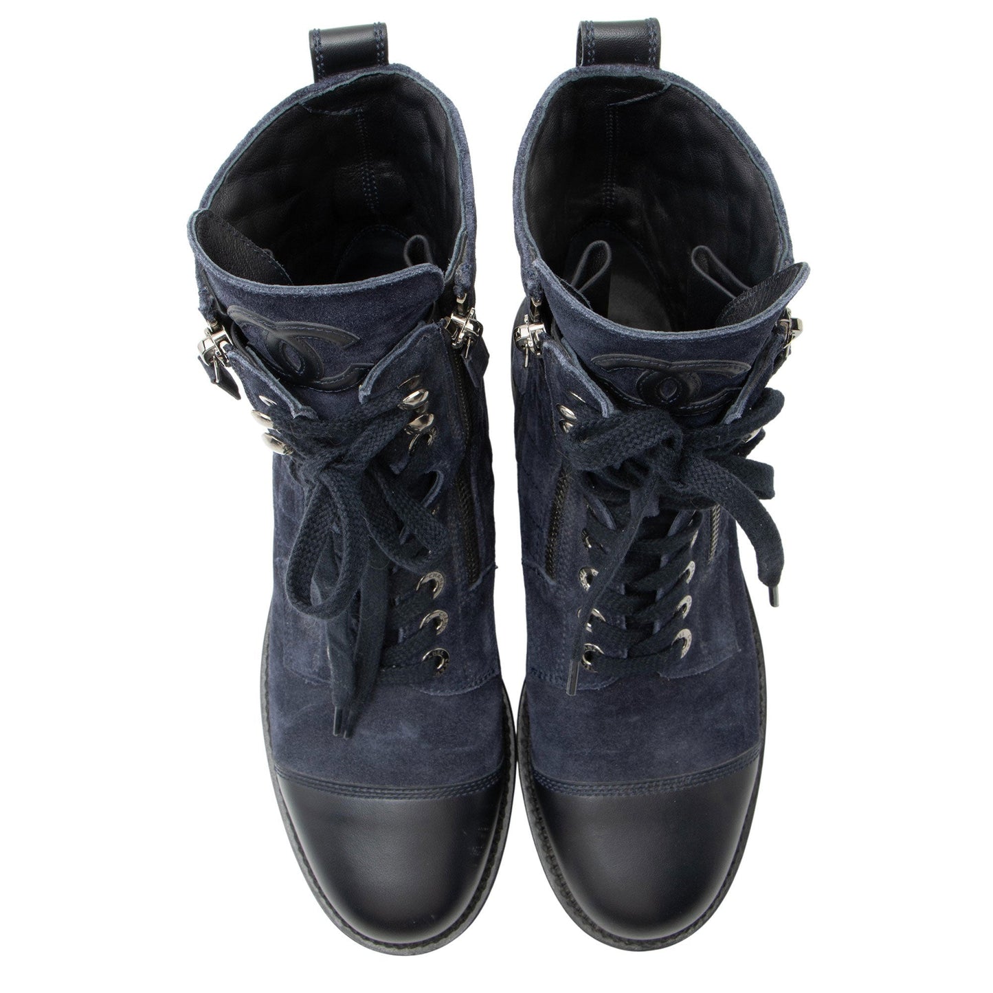 Chanel Quilted Suede CC Leather Cap Toe Combat Boots - Size 9 / 39