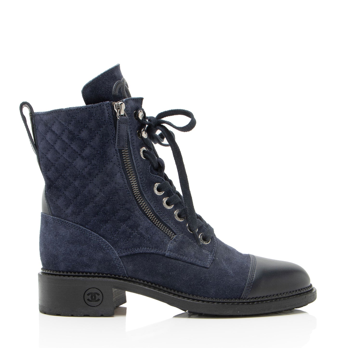 Chanel Quilted Suede CC Leather Cap Toe Combat Boots - Size 9 / 39
