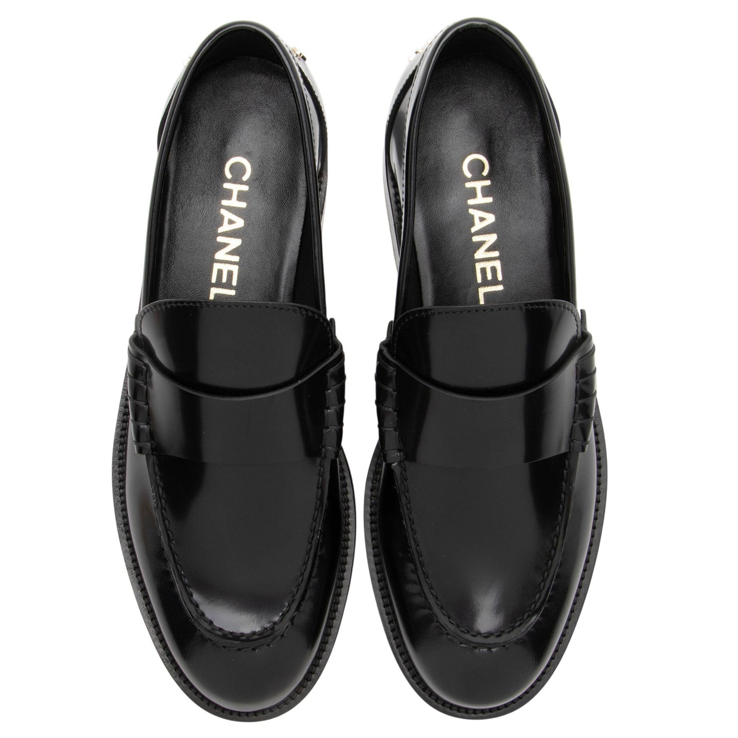 Chanel Shiny Calfskin Logo Loafers - Size 8 / 38
