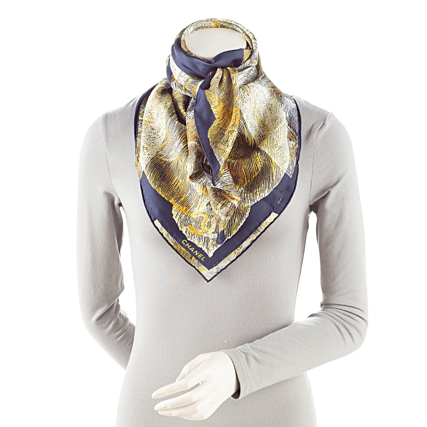 Chanel Silk Camellia Moons 90cm Scarf