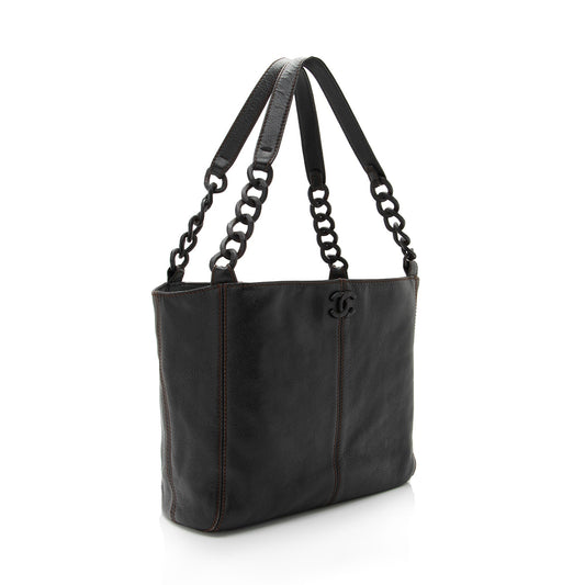 Luxury Chanel Vintage Leather Wood Chain Tote (SHF-bz2XaF)