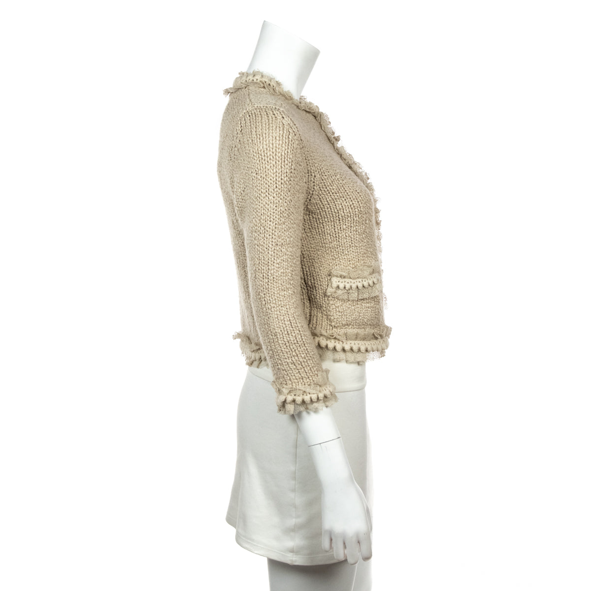 Chanel Beige Cashmere Knit Lace Embellished Jacket Size S | US 6 | FR 38