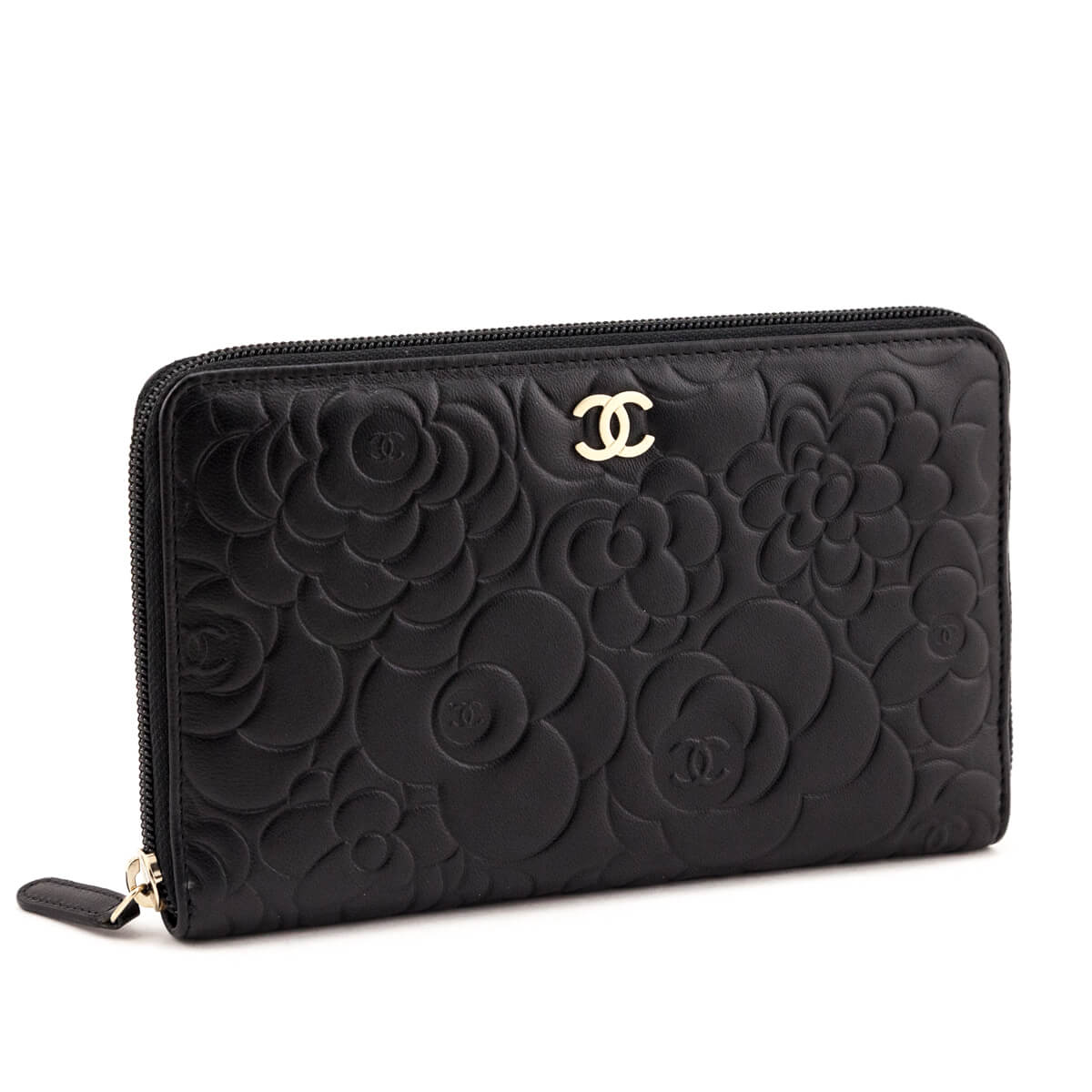 Chanel Black Camellia Embossed Lambskin Long Zip Wallet