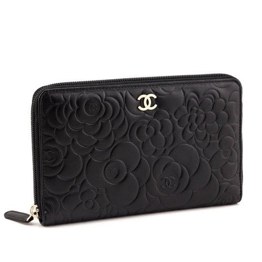 Chanel Black Camellia Embossed Lambskin Long Zip Wallet